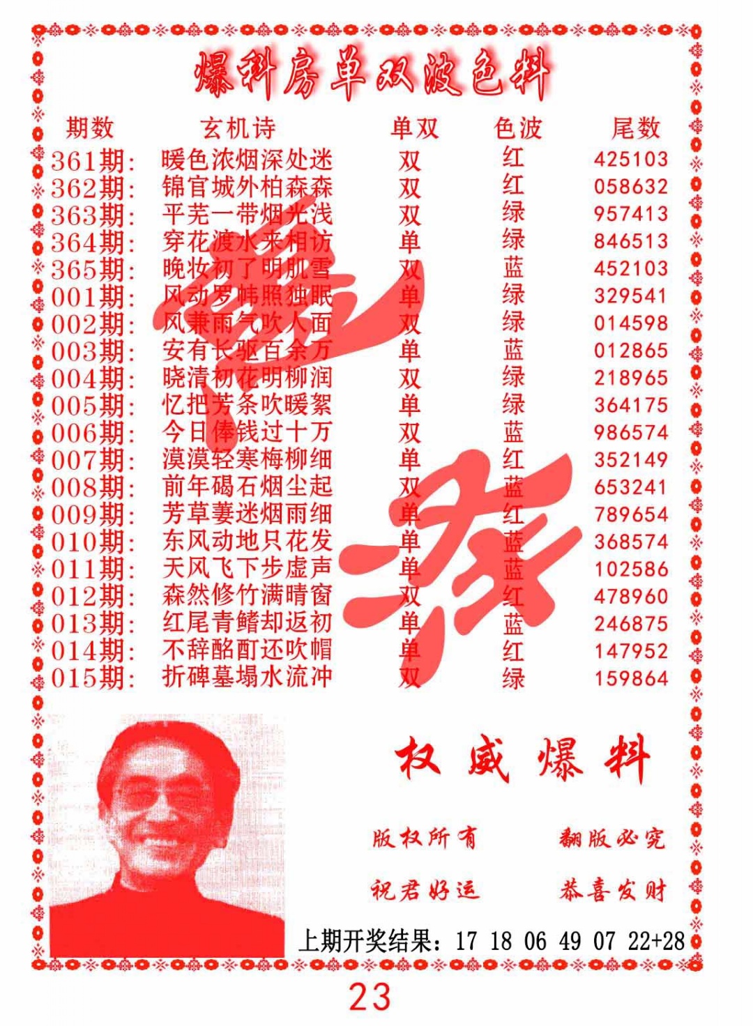 010期爆料房单双波色料[图]